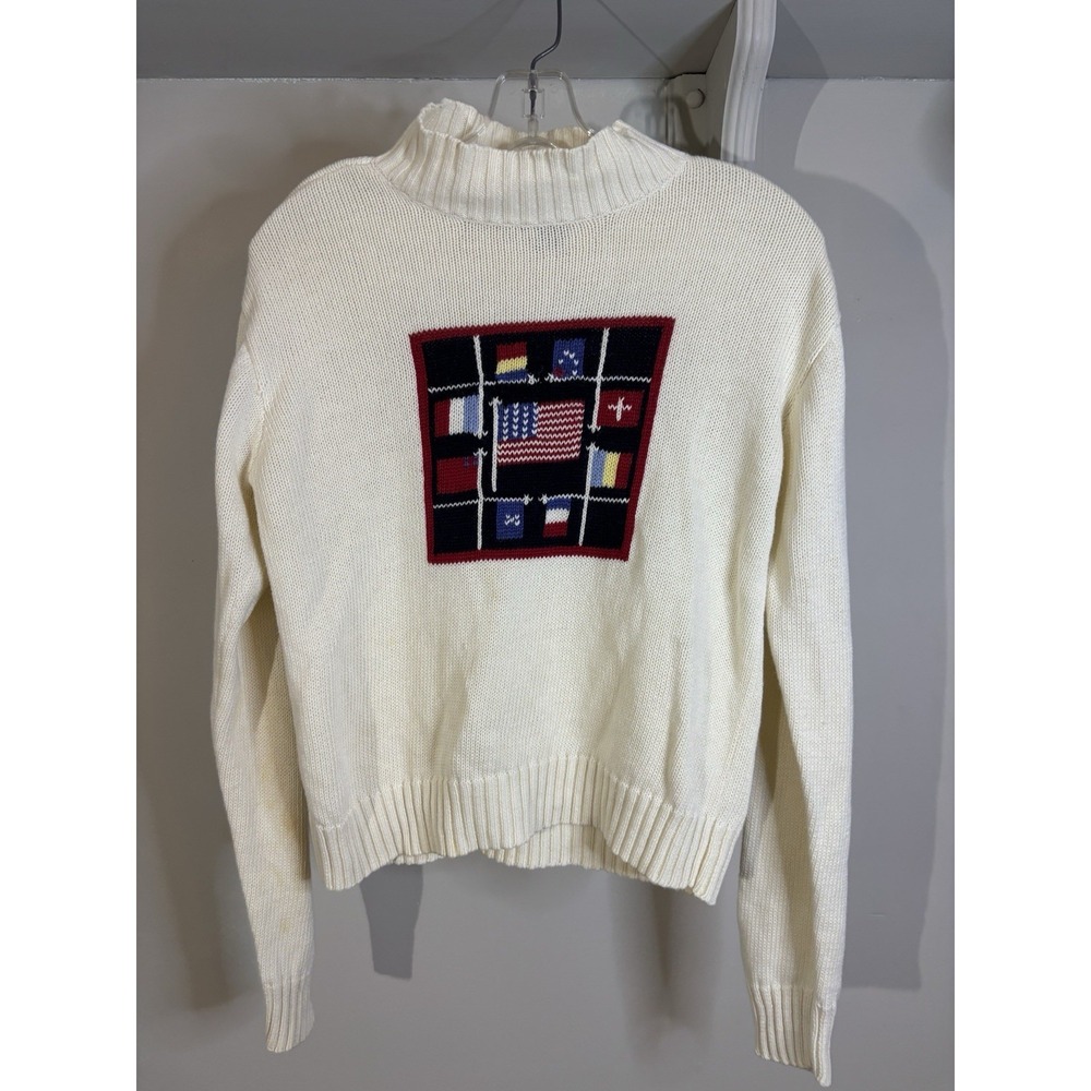 VTG CRAZY HORSE Ivory Flag Mock Neck Sweater M‎ Ramie Cotton Patriotic Nautical